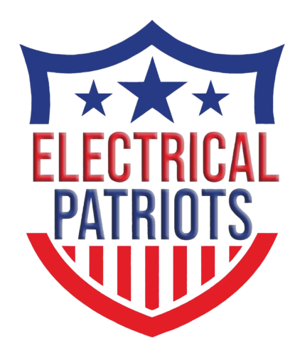 A patriotic shield in red, white, and blue colors, featuring the words 'Electrical Patriots' written across it."